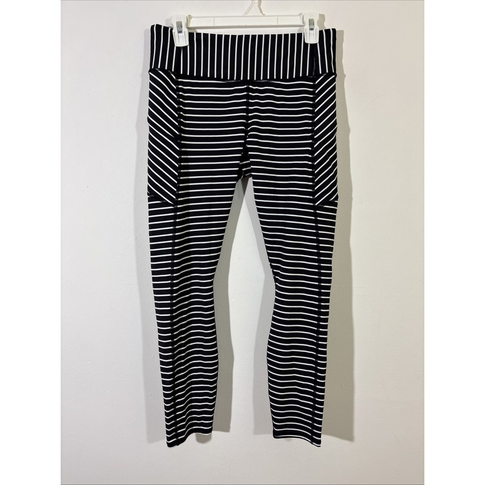 Athleta M Striped Pant Black White‎ Zipper Pockets Gym Workout Wear Stretch